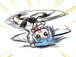  1girl blue_eyes blue_hair breakdance chibi mahou_shoujo_madoka_magica mahou_shoujo_madoka_magica_movie miki_sayaka nekoyama school_uniform short_hair solo squatting 