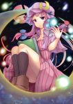  1girl book breasts cleavage dress full_moon hat highres moon open_book patchouli_knowledge purple_hair snowcanvas solo striped striped_legwear touhou vertical-striped_legwear vertical_stripes violet_eyes window 