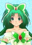  1girl akimoto_komachi arm_warmers bare_shoulders brooch butterfly_hair_ornament cure_mint dress green_background green_eyes green_hair hair_ornament jewelry kumataka long_hair magical_girl portrait precure smile solo yes!_precure_5 