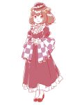  1girl alternate_costume bell blush checkered dress hair_bell hair_ornament hands_clasped looking_at_viewer motoori_kosuzu red_eyes redhead shawl short_hair smile solo touhou twintails 