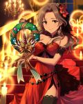  1girl bow brown_eyes brown_hair candle christmas christmas_ornaments dress earrings flower hair_flower hair_ornament idolmaster idolmaster_cinderella_girls indoors jewelry jpeg_artifacts kawashima_mizuki light_smile long_hair looking_at_viewer official_art railing red_dress ribbon solo stairs thighhighs window wreath 