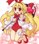  1girl bare_legs blonde_hair bow clothed_navel demon_girl demon_tail disgaea earrings fang flonne flonne_(fallen_angel) hairband heart high_heels jewelry long_hair mizuno_mumomo pointy_ears red_eyes smile solo staff tail tail_bow thigh_strap wings 