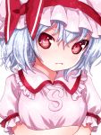 1girl blue_hair bow bust crossed_arms dress hat hat_bow kiira looking_at_viewer mob_cap pink_dress pink_eyes puffy_sleeves remilia_scarlet short_sleeves smirk solo touhou 