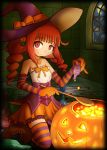  1girl alternate_hairstyle bare_shoulders blush boots bow brown_hair drill_hair earrings elbow_gloves gloves halloween hat hat_bow highres idolmaster jack-o&#039;-lantern jewelry kneeling long_hair looking_at_viewer pumpkin red_eyes smile solo striped striped_gloves striped_legwear takatsuki_yayoi thighhighs twintails witch_hat yuutousei 