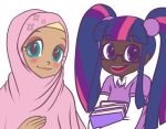  2girls blue_eyes blush book dark_skin fluttershy glasses hijab humanization junk_(junko-tan) lips looking_at_viewer multicolored_hair multiple_girls my_little_pony my_little_pony_friendship_is_magic open_mouth personification pink_hair purple_hair simple_background smile twilight_sparkle twintails violet_eyes white_background 
