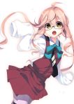  1girl 7zu7 ahoge glasses kantai_collection long_hair looking_at_viewer makigumo_(kantai_collection) open_mouth personification pink_hair ribbon sleeves_past_wrists solo yellow_eyes 