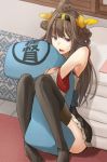  1girl ahoge animated animated_png brown_hair hair_ornament japanese_clothes kantai_collection kaze_(kazesan) kongou_(kantai_collection) long_hair long_sleeves miko open_mouth pillow pillow_hug solo thighhighs very_long_hair wide_sleeves zettai_ryouiki 
