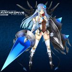  1girl armor barefoot blue_eyes blue_hair breasts clothed_navel copyright_request elbow_gloves facial_mark flower forehead_mark full_body gloves greaves hair_flower hair_ornament headgear high_heels hotori_(sion) huge_weapon kousoku_kidou_avatar_drive leotard long_hair payot pointy_ears polearm shield solo spear standing thighhighs weapon white_gloves white_legwear 