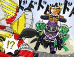  !? 5boys armor belt dual_persona jewelry kamen_rider kamen_rider_baron kamen_rider_gaim kamen_rider_gaim_(series) kamen_rider_ouja kamen_rider_ryuki_(series) kamen_rider_wizard kamen_rider_wizard_(series) male mask multiple_boys pun redol ring 