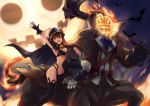  alternate_costume artist_self-insert axe bat bikini_top blue_eyes breasts brown_hair centaur fire gloves halloween halloween_costume headless_horseman hecarim hood league_of_legends moon nam_(valckiry) pantyhose pumpkin_hat ribbon short_hair skull thighhighs torn_clothes torn_pantyhose underboob weapon 