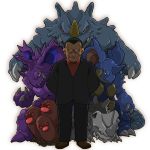  1boy buzz_cut dugtrio evil_smile formal gym_leader hands_in_pockets kafun nidoking nidoqueen pokemon pokemon_(creature) pokemon_(game) pokemon_frlg red_eyes rhydon rhyhorn sakaki_(pokemon) smile suit 