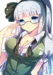  1girl alternate_hair_length alternate_hairstyle bespectacled blue_eyes blush breasts cleavage emia_wang glasses hairband konpaku_youmu large_breasts long_hair looking_at_viewer rough silver_hair solo touhou 