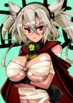  1girl black_gloves breast_hold breasts cape crossed_arms gloves grey_hair headgear huge_breasts kantai_collection musashi_(kantai_collection) perepere-kun red_eyes sarashi short_hair short_twintails solo twintails 