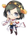  1girl adjusting_glasses bare_shoulders black_hair black_legwear blue_eyes boots chibi detached_sleeves glasses hairband japanese_clothes kantai_collection kirishima_(kantai_collection) lowres pantyhose personification rei_(rei&#039;s_room) short_hair skirt smile solo thigh_boots thighhighs 