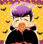  1boy ^_^ cape child closed_eyes cookie eating fangs food halloween higashikata_jousuke jack-o&#039;-lantern jojo_no_kimyou_na_bouken mine_(myfoot916) pompadour purple_hair solo vampire 