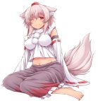  1girl animal_ears bare_shoulders barefoot breasts detached_sleeves hasu_(hk_works) hat impossible_clothes inubashiri_momiji large_breasts midriff mound_of_venus navel red_eyes simple_background sitting smile solo tail tokin_hat touhou white_background wink wolf_ears wolf_tail 