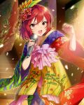  1girl brown_eyes floral_print flower frills hair_flower hair_ornament happy_new_year idol idolmaster idolmaster_cinderella_girls japanese_clothes jpeg_artifacts kimono microphone murakami_tomoe new_year obi official_art open_mouth redhead short_hair singing solo stage translated 