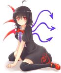  1girl ahoge asymmetrical_wings black_dress black_hair black_legwear breasts dress highres houjuu_nue kneeling red_eyes smile solo thighhighs touhou white_background wings x&amp;x&amp;x 