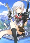  1girl assault_rifle black_gloves gloves gun handgun highres m1911 panties pantyshot pantyshot_(sitting) pleated_skirt rifle robinson_armament_m96 school_uniform serafuku short_hair silver_hair sitting skirt sling_(weapon) solo underwear weapon yellow_eyes yuguru 