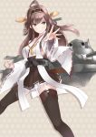  1girl ahoge bangs blunt_bangs blush boots brown_eyes brown_hair double_bun hair_ornament hairband kantai_collection kongou_(kantai_collection) long_hair long_sleeves nontraditional_miko outstretched_arm personification pleated_skirt ribbon_trim skirt smile solo tamakaga thigh_boots thighhighs wide_sleeves zettai_ryouiki 