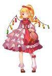  1girl alternate_costume blonde_hair blush bow flandre_scarlet hair_bow lolita_fashion long_hair long_sleeves looking_at_viewer mary_janes mio-muo1206 red_eyes ribbon shoes side_ponytail simple_background smile solo touhou white_background white_legwear wings wink 