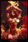  1girl artist_request bare_shoulders bracelet breasts cleavage defense_of_the_ancients detached_collar detached_sleeves dota_2 earrings fire gem jewelry large_breasts lina_inverse_(dota_2) lips long_hair orange_hair red_eyes showgirl_skirt smile solo 