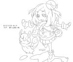  1girl 2012 copyright_request dated lineart mittens monochrome navel open_mouth outstretched_arms scarf skirt tagme translation_request yanagi_yagiaji 