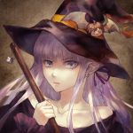  1girl akabeni_no_tsuki alternate_costume bare_shoulders braid broom dangan_ronpa dress earrings hair_ribbon halloween hat hat_ornament jewelry kirigiri_kyouko long_hair monokuma naegi_makoto purple_hair ribbon solo violet_eyes witch_hat 