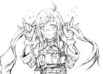  1girl bandaid boyogo gloves holding_hair long_hair looking_at_viewer military monochrome original smile solo twintails 