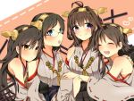 4girls ahoge bare_shoulders blue_eyes blush breasts brown_eyes brown_hair closed_eyes detached_sleeves double_bun glasses hair_ornament hairband haruna_(kantai_collection) headgear hiei_(kantai_collection) japanese_clothes kantai_collection kirishima_(kantai_collection) knight07 kongou_(kantai_collection) long_hair multiple_girls nontraditional_miko open_mouth personification short_hair skirt smile yellow_eyes 