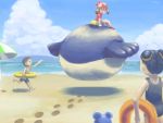  1boy 2girls azurill bathtub beach floating haruka_(pokemon) mijinko_(barabadge) multiple_girls ocean pokemon pokemon_(creature) pokemon_(game) pokemon_rse sitting sky wailmer 