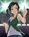  1girl artist_request black_hair brown_eyes clipboard hair_ornament hairclip idolmaster idolmaster_cinderella_girls jewelry master_trainer necklace official_art ponytail smile solo thumbs_up trainer_(idolmaster) 