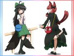  2girls animal_ears bag black_dress black_hair black_wings bow braid cat_ears cat_tail dress fang frame hair_bow kaenbyou_rin leg_ribbon long_hair long_sleeves looking_at_viewer looking_back multiple_girls multiple_tails open_mouth puffy_sleeves red_eyes redhead reiuji_utsuho shirosato shirt short_sleeves shoulder_bag skirt smile tail third_eye touhou turning twin_braids very_long_hair wings 