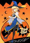  1girl adapted_costume ahoge artoria_pendragon_(all) azu black_legwear blonde_hair broom candy costume fate/stay_night fate_(series) green_eyes halloween hat high_heels highres licking lollipop saber solo thighhighs tongue trick_or_treat witch witch_hat 