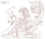  1girl 2012 animal armor closed_eyes copyright_request crown dated helmet kneeling lineart monochrome planted_sword planted_weapon sword tagme translation_request weapon yanagi_yagiaji 
