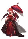  1girl alternate_costume bat_wings blush breasts choker cleavage dress head_wings high_heels koakuma large_breasts long_hair looking_at_viewer mio-muo1206 multiple_wings redhead simple_background solo touhou umbrella white_background wings 