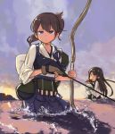  2girls akagi_(kantai_collection) arrow_(weapon) blue_eyes bow_(weapon) bowl brown_eyes brown_hair chopsticks clouds eating food japanese_clothes ka-no kaga_(kantai_collection) kantai_collection long_hair multiple_girls muneate personification rice rice_bowl side_ponytail skirt sky wading water weapon 