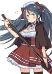  1girl aqua_eyes black_hair black_legwear blush bracelet breasts broom cleavage detached_collar frills hair_ribbon isuzu_(kantai_collection) jewelry ka-no kantai_collection long_hair looking_at_viewer maid maid_headdress personification poncho ribbon skirt solo thighhighs twintails 