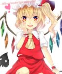  1girl ascot blonde_hair blush crystal fangs flandre_scarlet hand_on_own_face hat hat_ribbon heart highres laevatein looking_at_viewer mob_cap nail nail_polish open_mouth ponytail puffy_sleeves red_eyes renkarua ribbon shirt short_hair short_sleeves side_ponytail simple_background sitting skirt skirt_set smile solo text touhou vest white_background white_shirt wings wrist_cuffs 