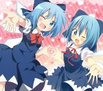  2girls :d blue_dress blue_eyes blue_hair bow cirno collaboration do_(4-rt) dress dual_persona fang hair_bow heart heart-shaped_pupils heart_hands heart_hands_duo multiple_girls oniku-chan open_mouth outstretched_arm short_hair smile symbol-shaped_pupils touhou wings wink 