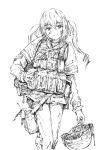  1girl bandaid boyogo gloves headwear_removed helmet helmet_removed long_hair looking_at_viewer military monochrome original smile solo twintails 