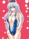  1girl breasts cleavage collarbone easily grey_hair hat huge_breasts kamishirasawa_keine long_hair midriff navel sling_bikini smile solo swimsuit touhou 