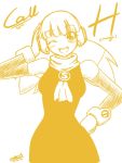  1girl bangs blush call_(komaki_shinsuke) call_(mighty_no._9) dated detached_sleeves dress hand_on_hip headphones long_hair mighty_no._9 monochrome neckerchief robot signature smile solo twintails wink zilhouette 