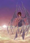  1girl brown_hair clouds copyright_request dress expressionless fetal_position floating looking_at_viewer short_hair sky solo sunset travo white_dress wings 