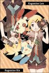  1boy 1girl blonde_hair bowtie brother_and_sister brown_eyes character_name controller famicom finger_to_mouth fur_collar fuuko_(2679566944) game_controller grin hair_ornament hairclip headphones headphones_around_neck kagamine_len kagamine_rin minun one_eye_closed plusle pokemon remote_control rimocon_(vocaloid) short_hair siblings smile symbol-shaped_pupils twins vocaloid 