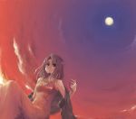  1girl copyright_request dress dutch_angle expressionless looking_at_viewer moon red_dress shawl short_hair sitting sky solo sunset travo 