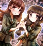  2girls ayasia bangs black_hair blunt_bangs blush braid brown_eyes brown_hair interlocked_fingers kantai_collection kitakami_(kantai_collection) long_hair looking_at_viewer multiple_girls ooi_(kantai_collection) personification pleated_skirt school_uniform serafuku single_braid skirt 