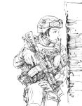  1boy aimpoint assault_rifle boyogo gloves gun headset helmet m4_carbine magazine_(weapon) military monochrome original rifle solo weapon 