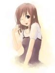  1girl blush brown_hair copyright_request gesture long_hair looking_at_viewer short_sleeves smile solo travo wink 