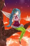  1girl aqua_eyes aqua_hair bracelet feathers gotoh510 green_legwear hatsune_miku highres in_tree jewelry long_hair looking_at_viewer pantyhose sitting sitting_in_tree skirt sky smile solo sunset suspenders tree twintails very_long_hair vocaloid wings 